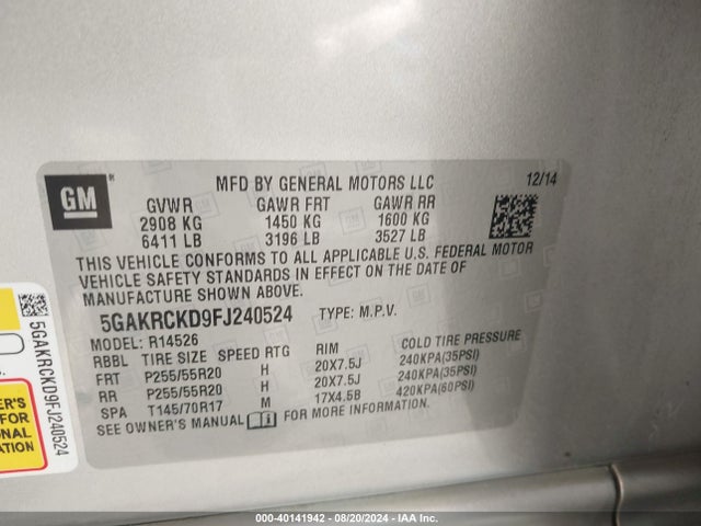 Buick Enclave Premium 2015 5GAKRCKD9FJ240524 Image 9