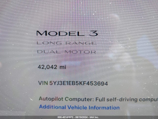 5YJ3E1EB5KF453694 Tesla Model 3 Long Range/performance