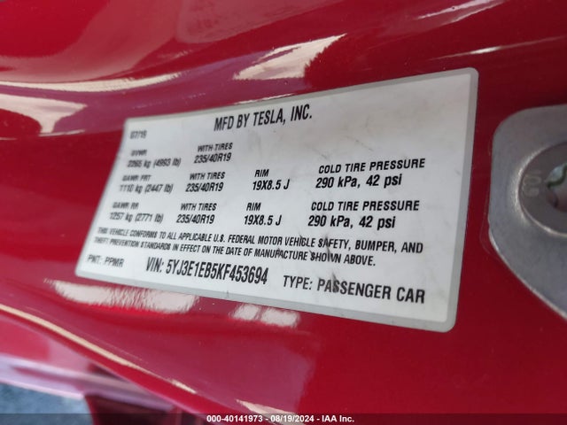 5YJ3E1EB5KF453694 Tesla Model 3 Long Range/performance
