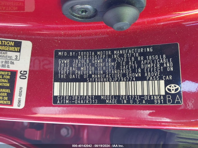 Toyota COROLLA LE 2018 5YFBURHE0JP796774 Image 9