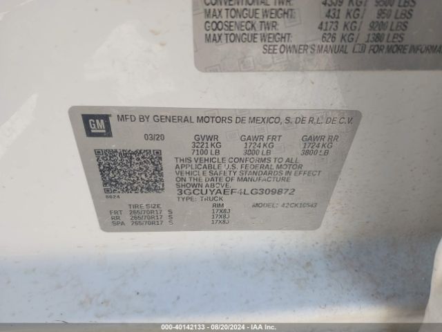 3GCUYAEF4LG309872 Chevrolet Silverado 1500 4wd  Short Bed Wt