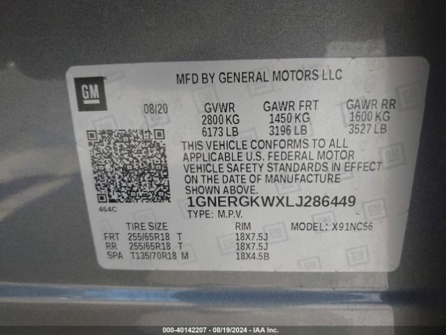 1GNERGKWXLJ286449 Chevrolet Traverse Fwd Lt Cloth