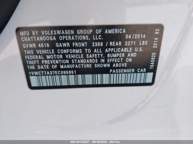 1VWCT7A37EC095651 Volkswagen Passat 1.8t Sel Premium