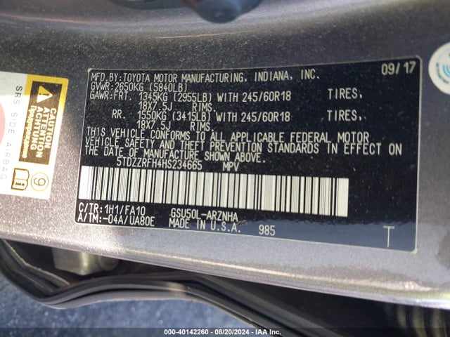 Toyota Highlander Le Plus 2017 5TDZZRFH4HS234665 Image 9