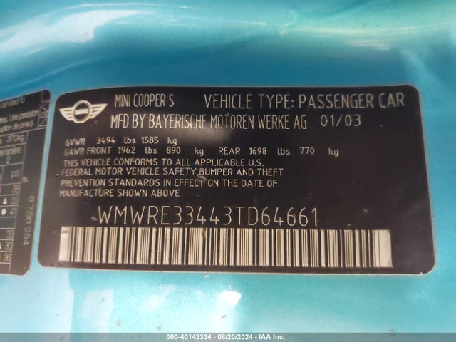 2003 MINI COOPER S WMWRE33443TD64661 Photo 8
