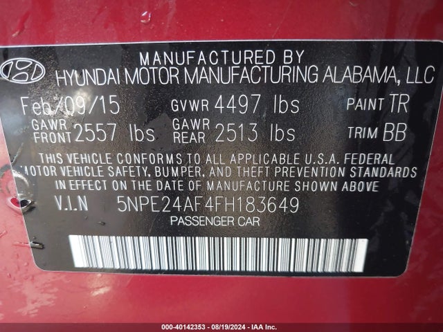 Hyundai SONATA SE 2015 5NPE24AF4FH183649 Image 9