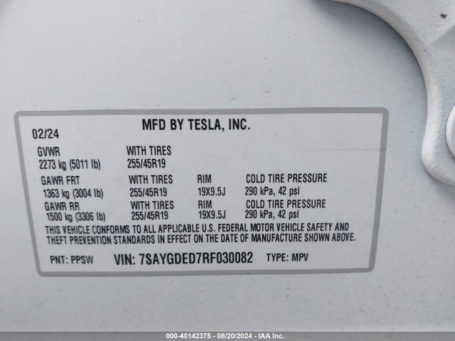 Tesla Model Y Long Range/rwd 2024 7SAYGDED7RF030082 Image 8