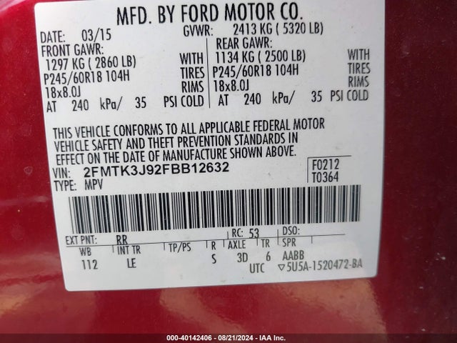 Ford EDGE SEL 2015 2FMTK3J92FBB12632 Image 9