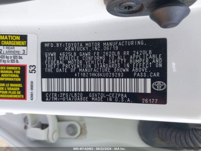 4T1BZ1HK6KU029293 Toyota Camry Xse V6