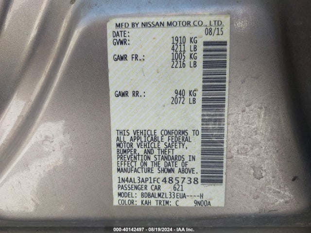 Nissan Altima 2.5 Sv 2015 1N4AL3AP1FC485738 Image 9