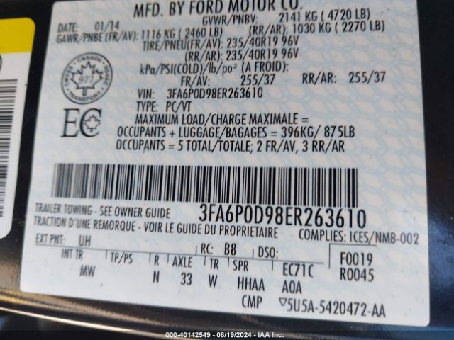 3FA6P0D98ER263610 Ford Fusion Titanium