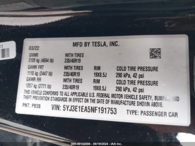 5YJ3E1EA5NF191753 Tesla Model 3 Rear-wheel Drive