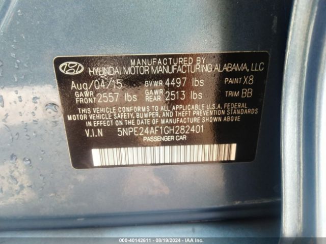 5NPE24AF1GH282401 Hyundai SONATA SE