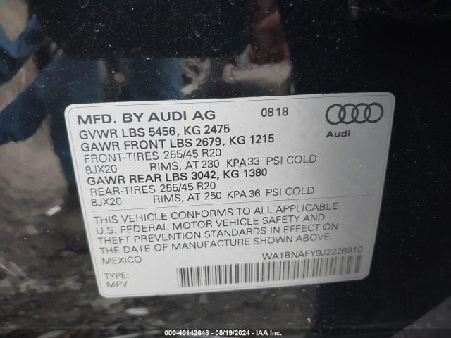 WA1BNAFY9J2226910 Audi Q5 2.0t Premium/2.0t Tech Premium