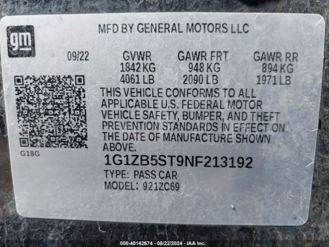 1G1ZB5ST9NF213192 Chevrolet Malibu Fwd Ls
