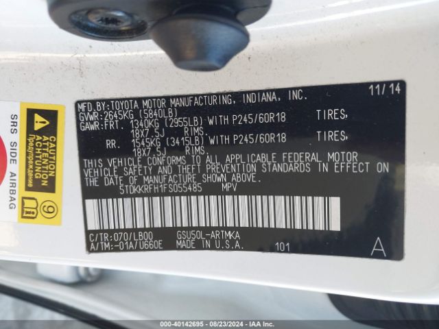 5TDKKRFH1FS055485 Toyota Highlander Xle V6
