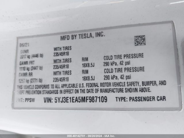 5YJ3E1EA5MF987109 Tesla Model 3 Standard Range Plus Rear-wheel Drive