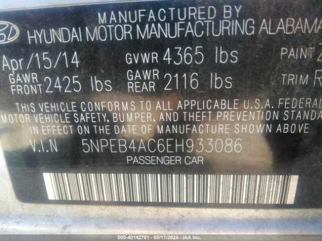 5NPEB4AC6EH933086 Hyundai SONATA GLS