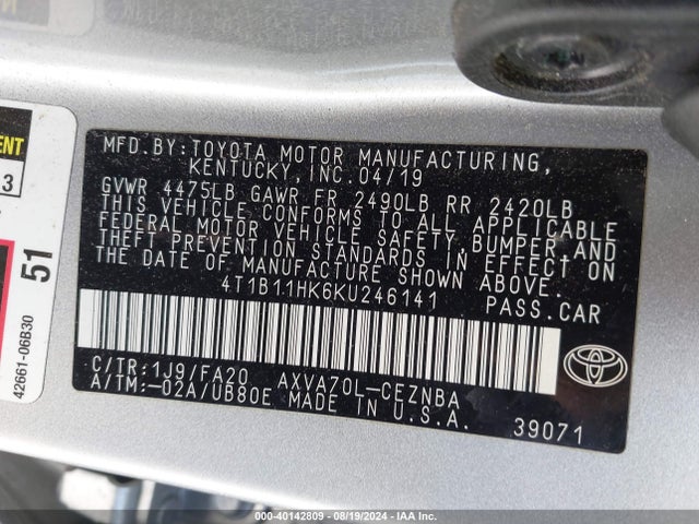 Toyota CAMRY LE 2019 4T1B11HK6KU246141 Image 9