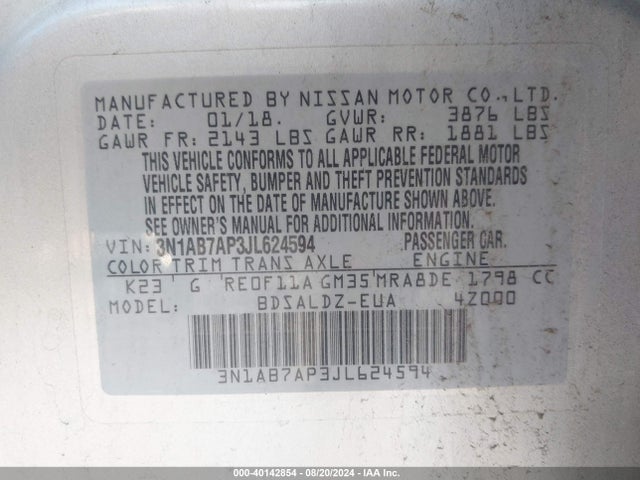 Nissan SENTRA SV 2018 3N1AB7AP3JL624594 Image 9
