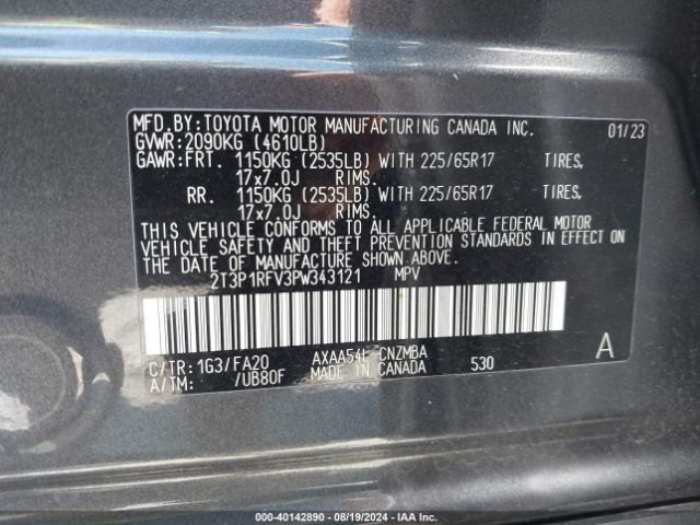 2T3P1RFV3PW343121 Toyota Rav4 Xle