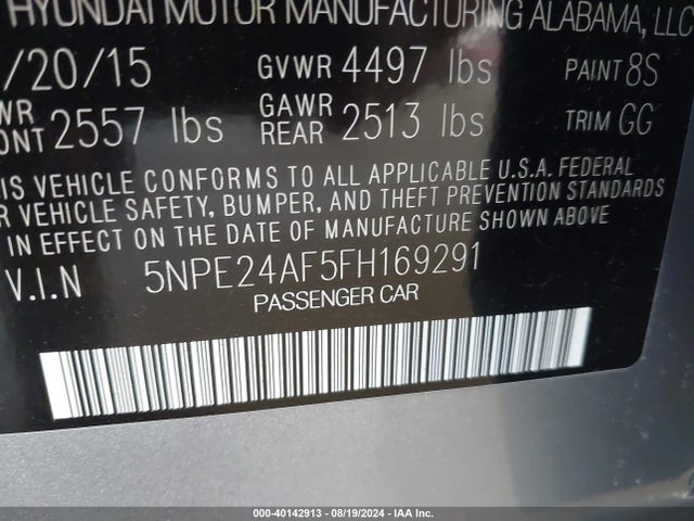 Hyundai SONATA SE 2015 5NPE24AF5FH169291 Image 9