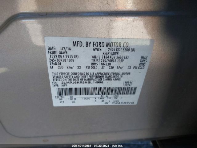 2LMPJ6KR8HBL14998 Lincoln Mkx Select