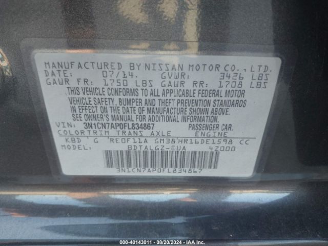 3N1CN7AP0FL834867 Nissan Versa 1.6 Sl