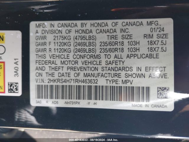 2HKRS4H71RH463632 Honda Cr-v Ex-l Awd