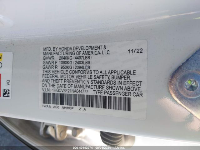 1HGCV3F21NA044777 Honda Accord Hybrid Sport