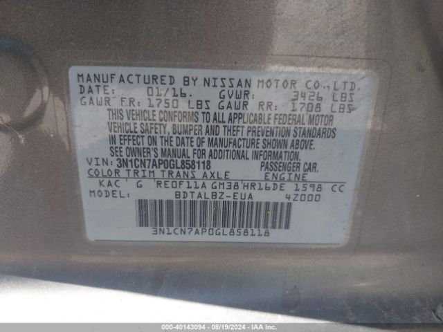 3N1CN7AP0GL858118 Nissan Versa 1.6 S/1.6 S+/1.6 Sl/1.6 Sv