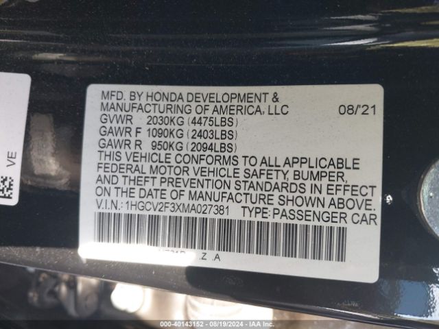 1HGCV2F3XMA027381 Honda Accord Sport 2.0t