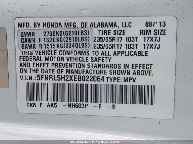 5FNRL5H2XEB022064 Honda ODYSSEY LX