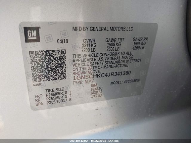 1GNSCHKC4JR341380 Chevrolet Suburban Lt