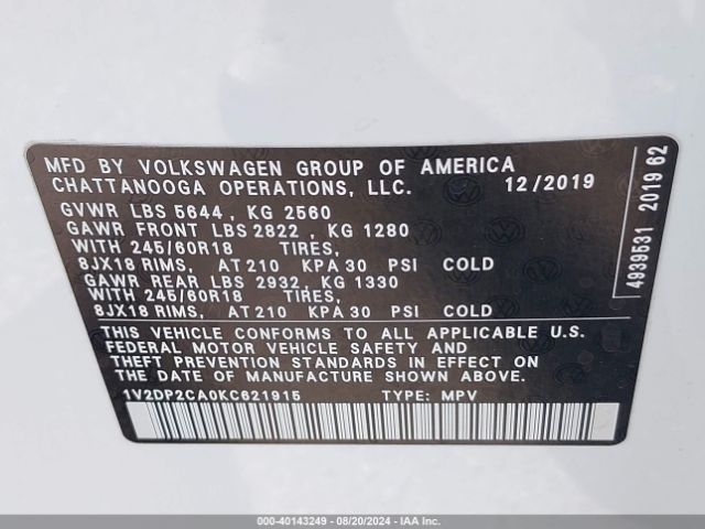1V2DP2CA0KC621915 Volkswagen Atlas 2.0t Se