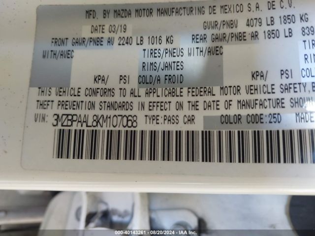 3MZBPAAL8KM107068 Mazda Mazda3 Select Package