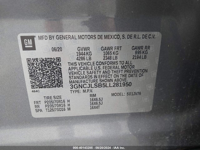 Chevrolet Trax Fwd Lt 2020 3GNCJLSB5LL281950 Image 9