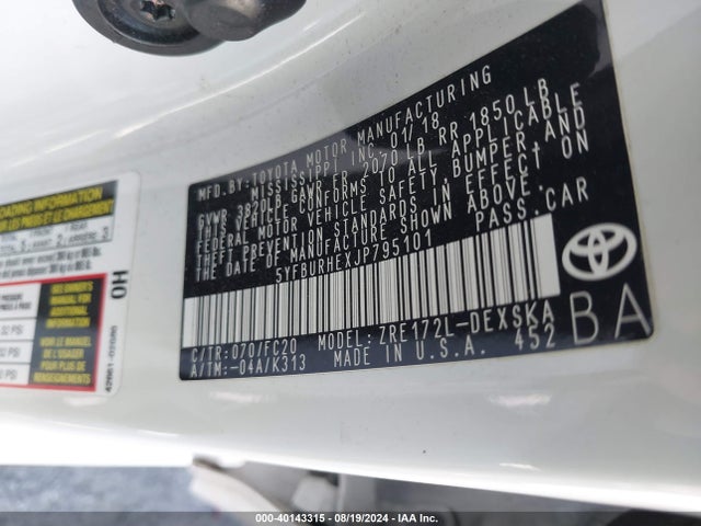 Toyota COROLLA SE 2018 5YFBURHEXJP795101 Image 9