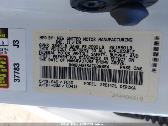 Продажа на аукционе авто 2010 Toyota Corolla Le, vin: 1NXBU4EE6AZ288654, номер лота: 40143341