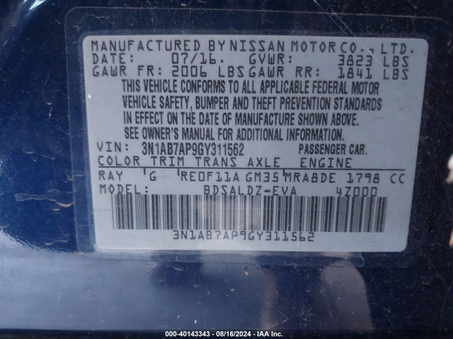 Nissan SENTRA SV 2016 3N1AB7AP9GY311562 Image 9