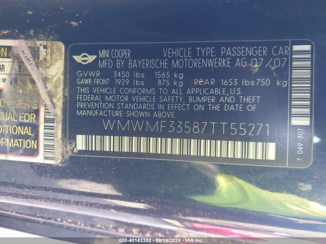 2007 MINI COOPER WMWMF33587TT55271 Photo 8