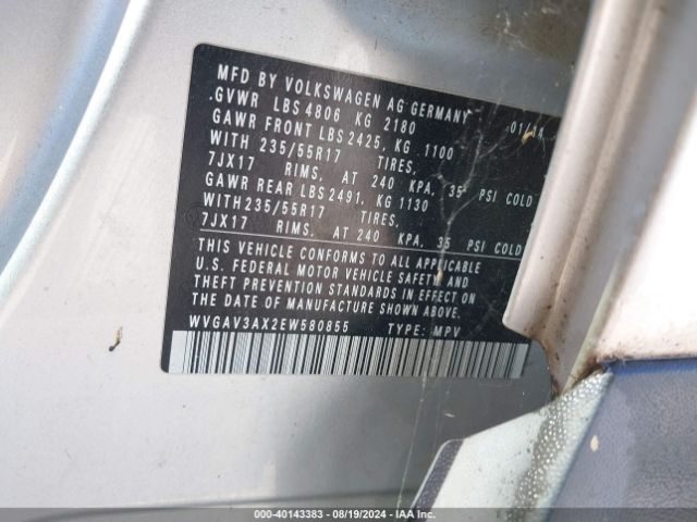 WVGAV3AX2EW580855 Volkswagen TIGUAN SE
