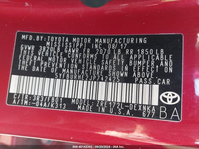 Toyota COROLLA LE 2018 5YFBURHE2JP742425 Image 9