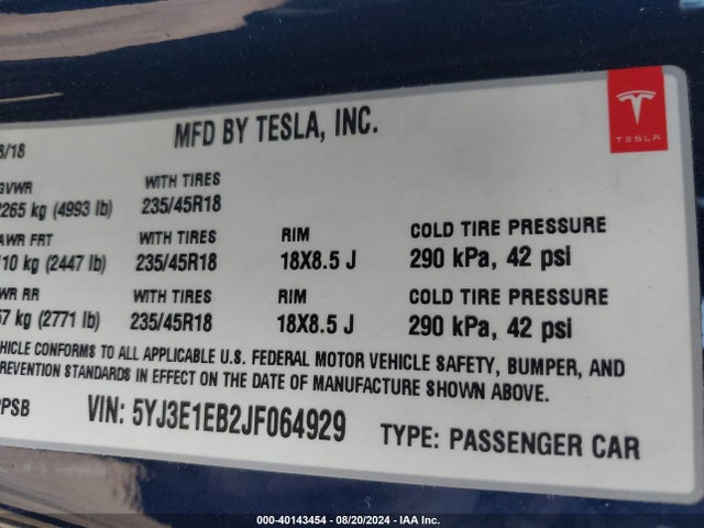 2018 TESLA MODEL 3 5YJ3E1EB2JF064929 Photo 8