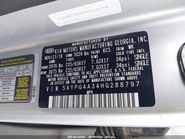 5XYPG4A34HG288797 KIA Sorento 2.4l L