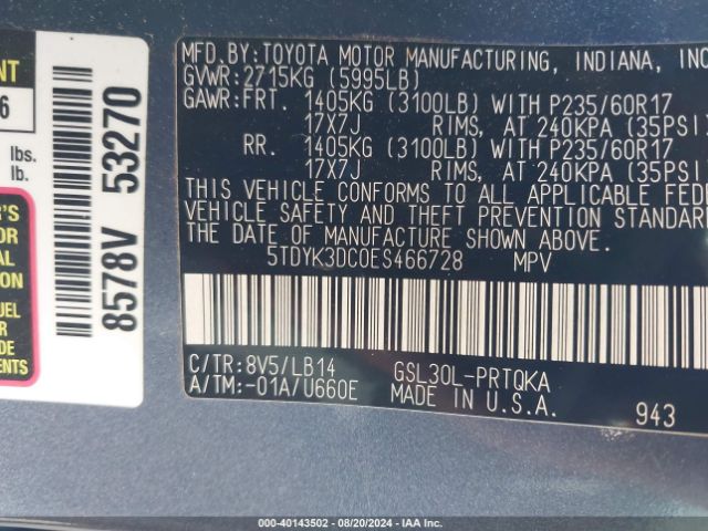 5TDYK3DC0ES466728 Toyota Sienna Xle V6 8 Passenger
