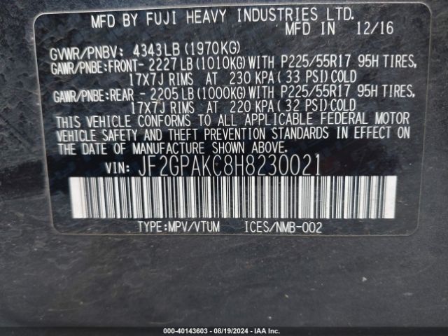 JF2GPAKC8H8230021 Subaru Crosstrek 2.0i Limited