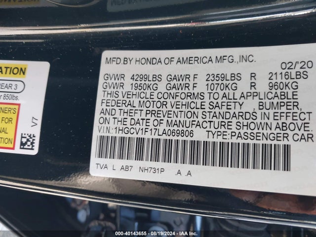 Honda ACCORD LX 2020 1HGCV1F17LA069806 Image 9