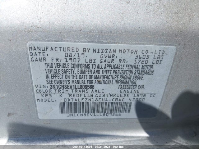 Nissan Versa Sv Xtronic Cvt 2020 3N1CN8EV1LL809566 Image 9