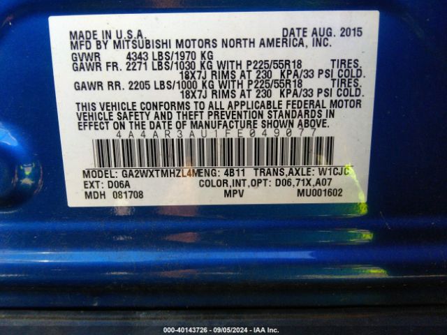 4A4AR3AU1FE049077 Mitsubishi Outlander Sport Es